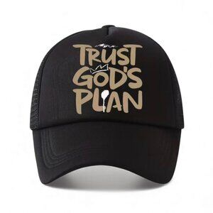 NEW - "Trust God's Plan" Black with White Graphic, Adjustable BLACK mesh Hat